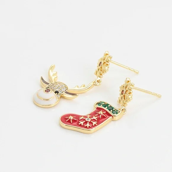 Christmas Bracelet and Earrings Set 14k Gold Christmas Deer Socks - Picture 7 of 13